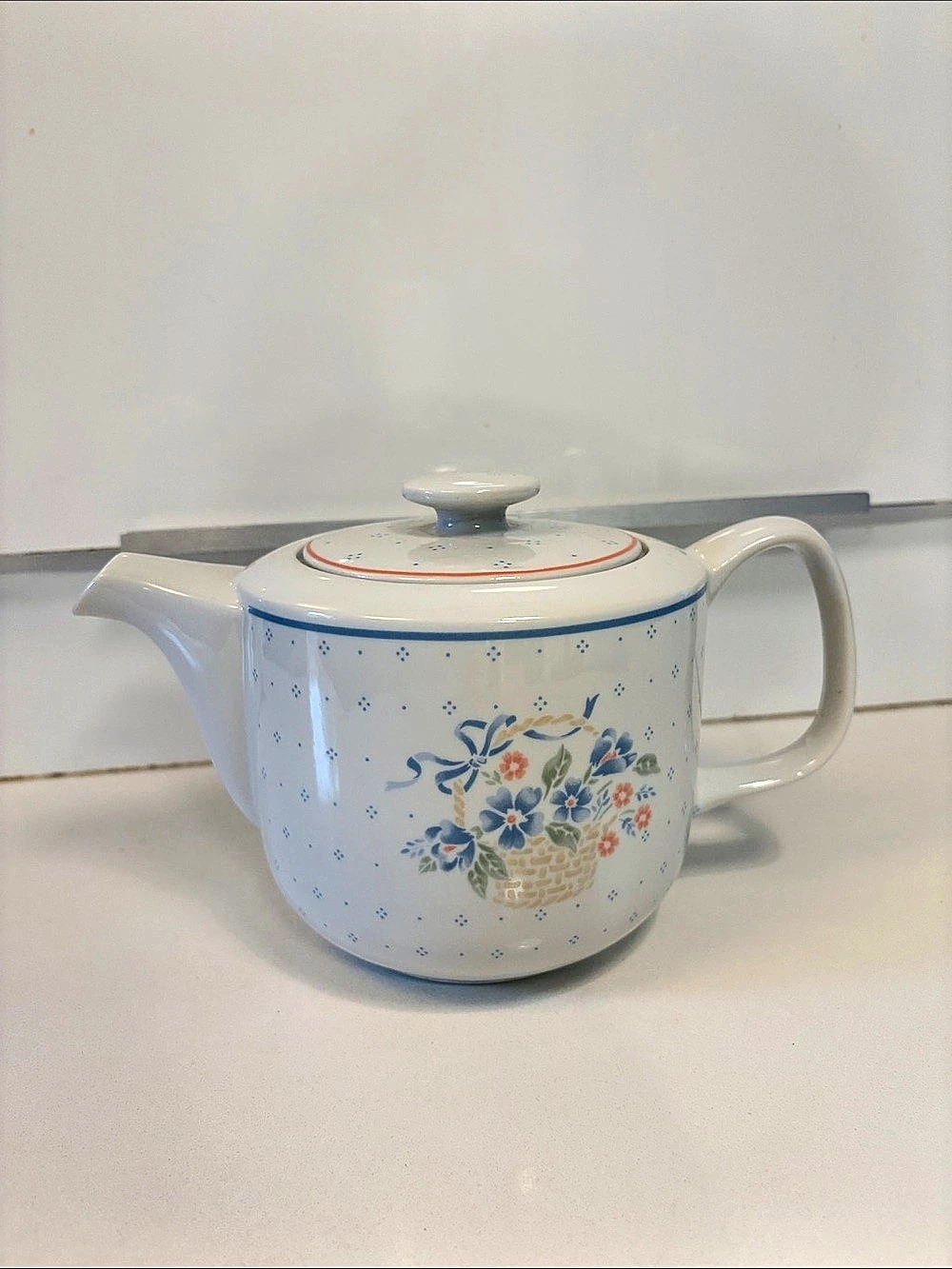 Vintage Corningware Country Cornflower Floral Porcelain Teapot in White & Blue